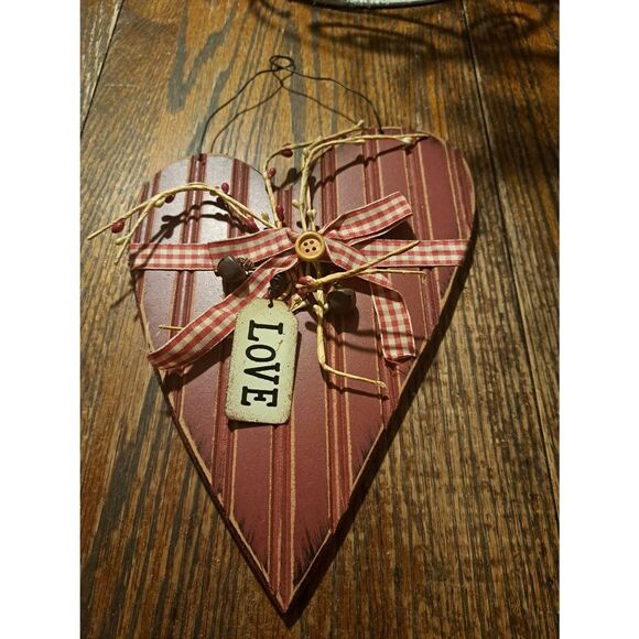 Rustic Farmhouse Heart Wall Hanging Buttons Ribbon Bells Love Tag Country Decor - Picture 1 of 3
